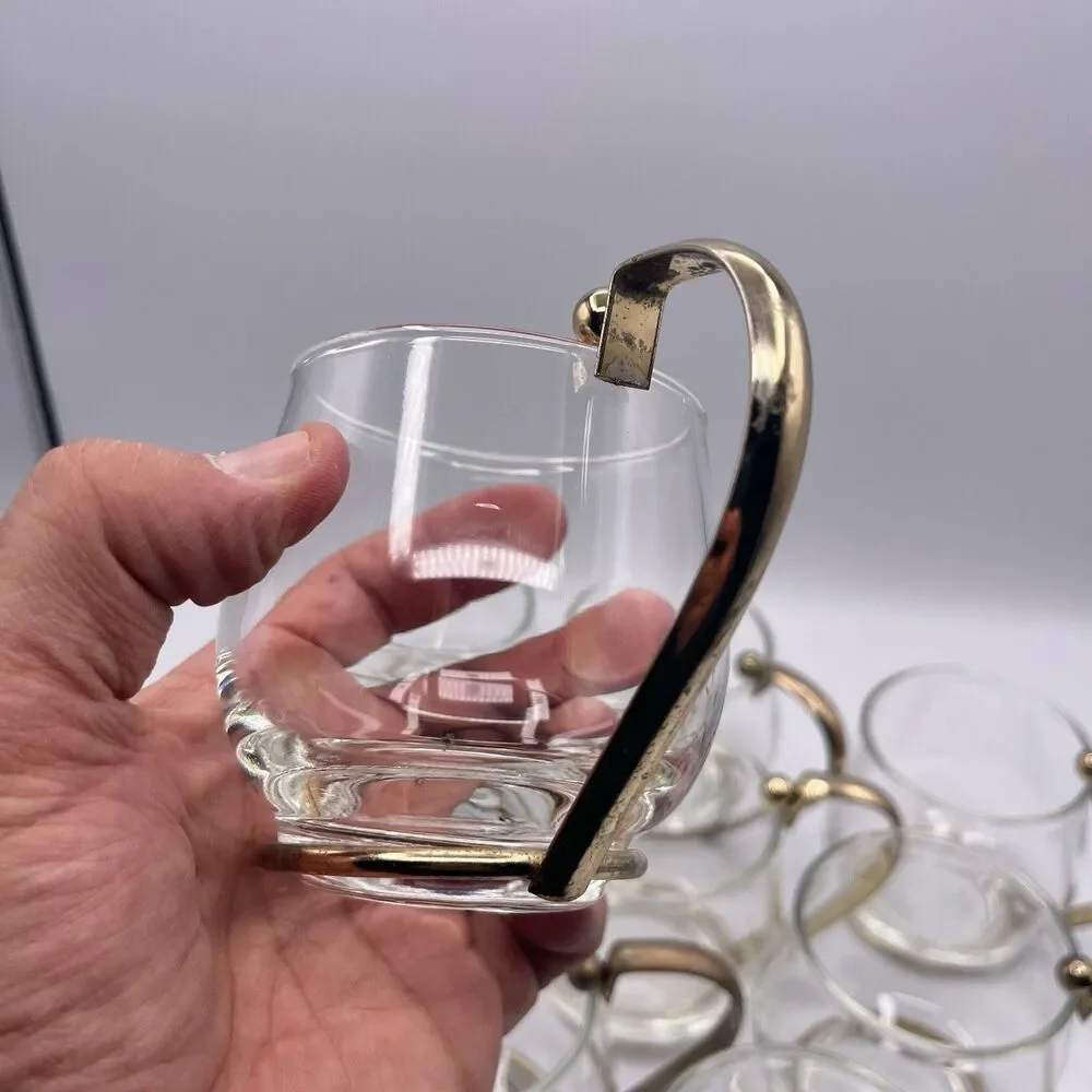11 Vintage Brass Handled Glass Mugs Mid Century Modern Bar Ware